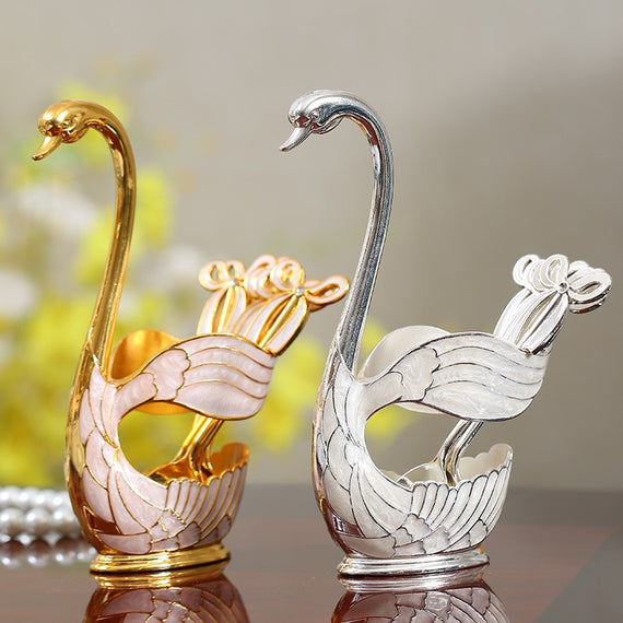 6Pcs Set European Style Decorative Fashion Cute Swan Spoon & Shape Storage Holder